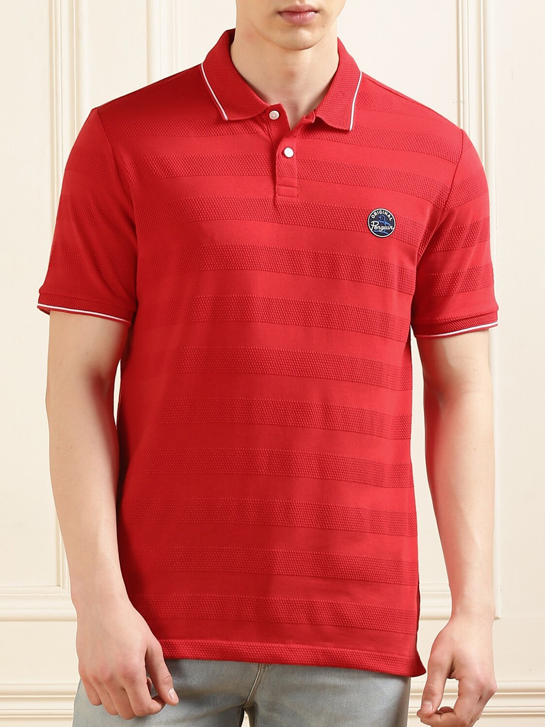 

Original Penguin Striped Polo Collar Honeycomb Jacquard Cotton T-shirt, Red
