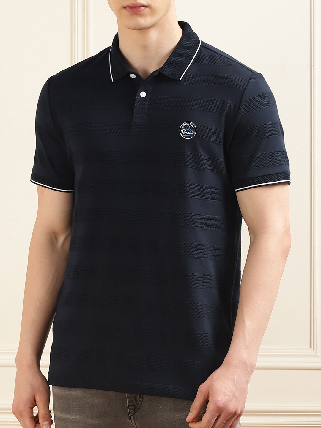 

Original Penguin Polo Collar Honeycomb Jacquard Cotton T-shirt, Blue