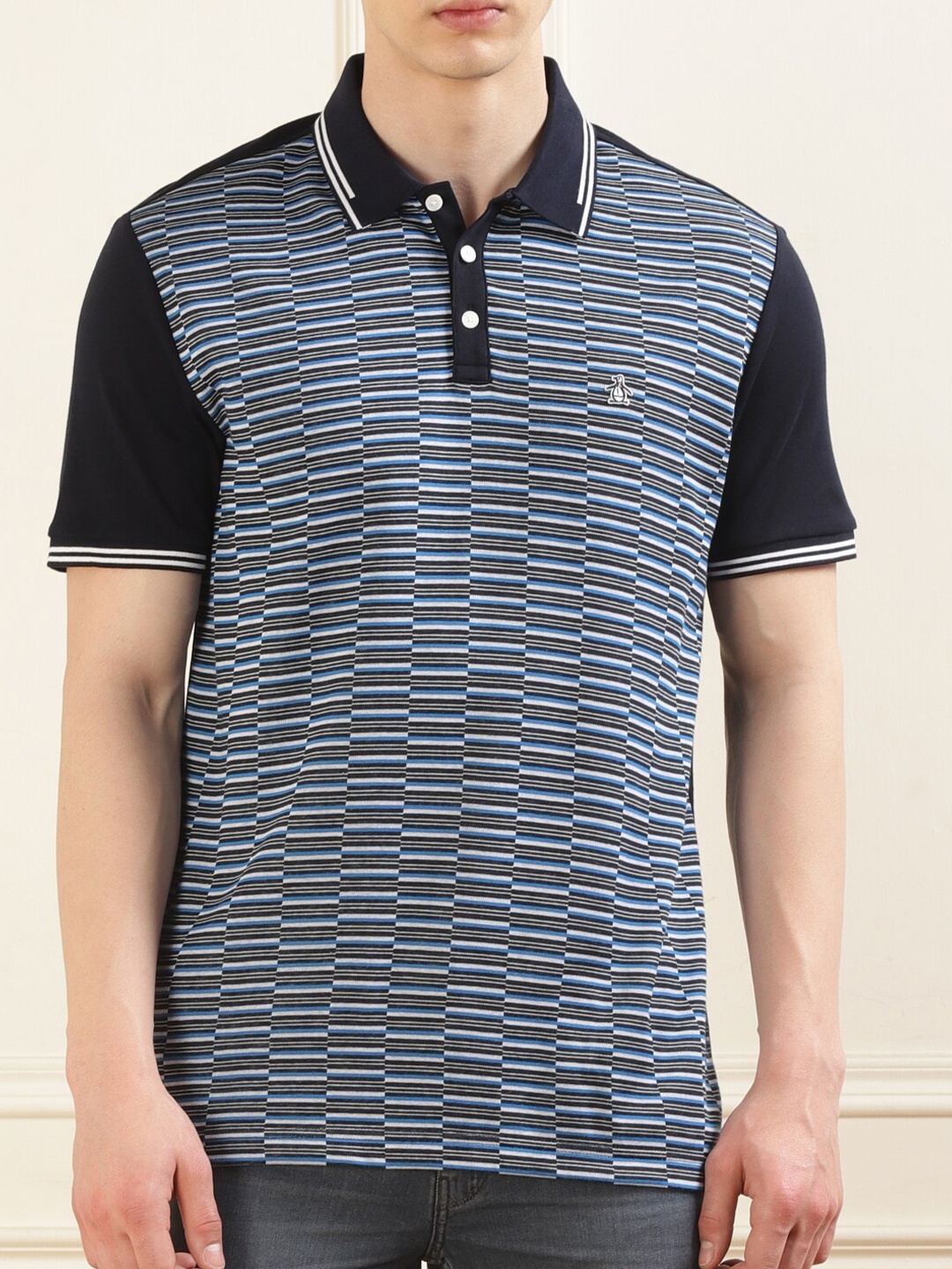 

Original Penguin Striped Polo Collar Jacquard Cotton T-shirt, Blue