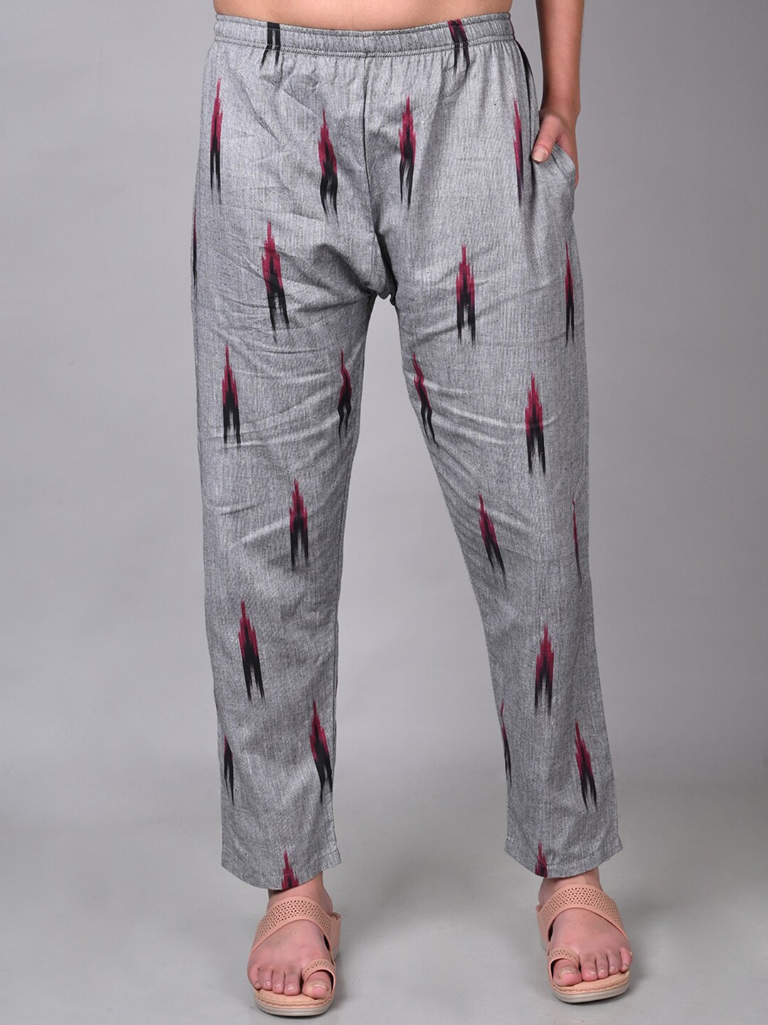 

KALINI Abstract Printed Knitted Pure Cotton Straight Ethnic Palazzo, Grey