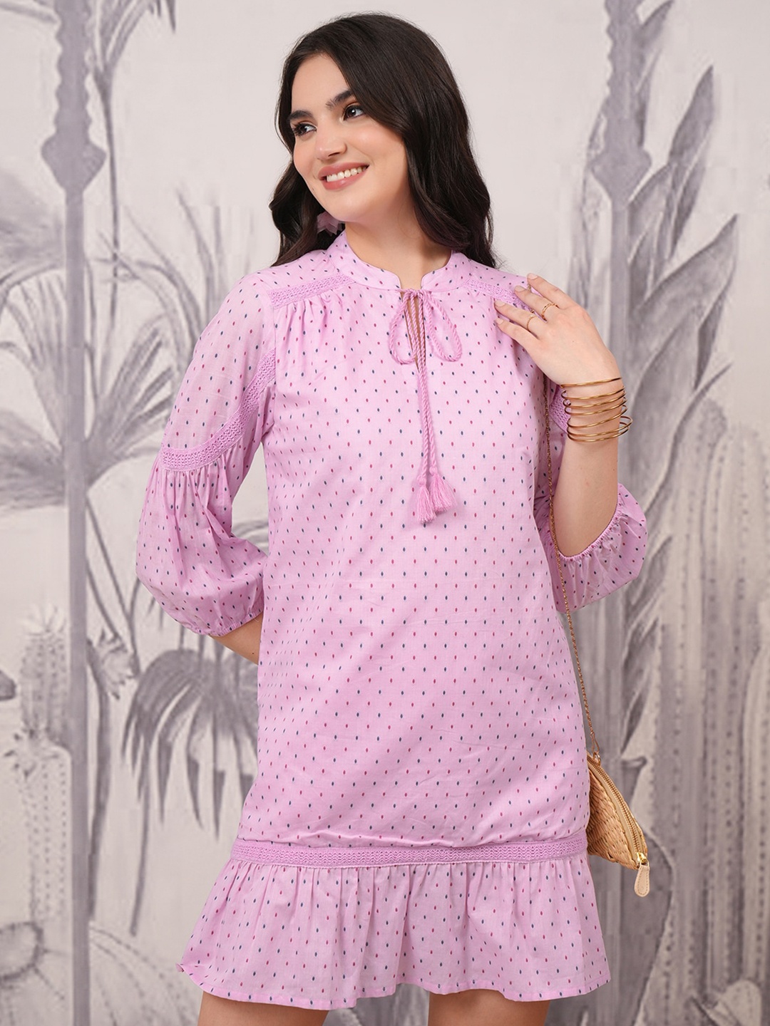 

Vishudh Print Tie-Up Neck Bell Sleeve A-Line Dress, Pink