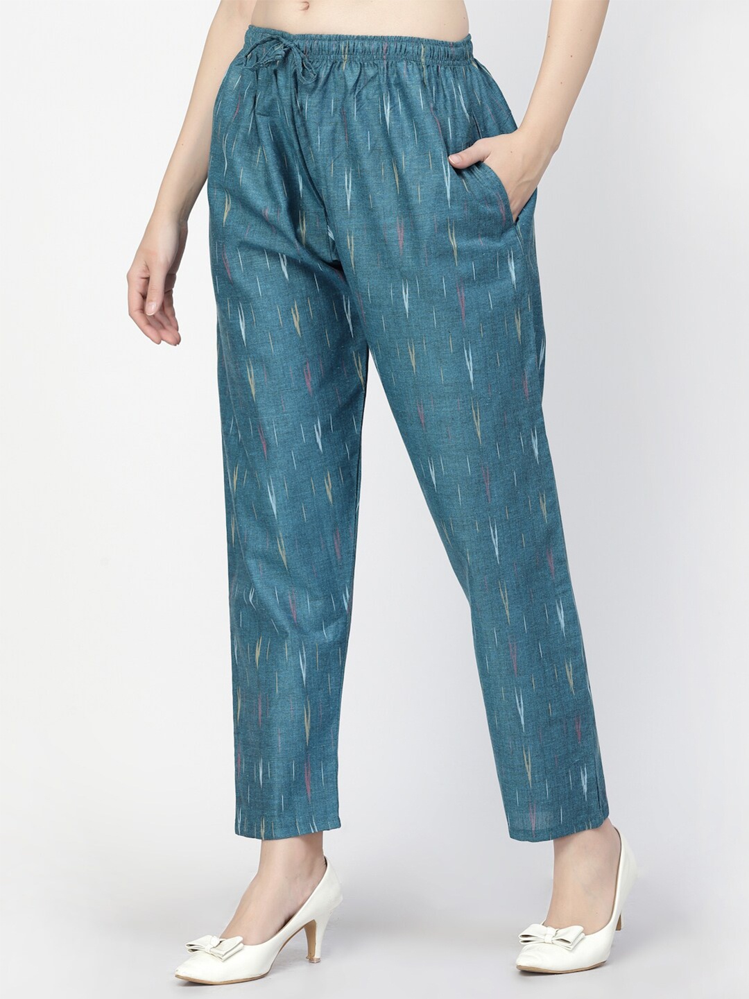 

KALINI Abstract Printed Knitted Pure Cotton Straight Ethnic Palazzo, Teal