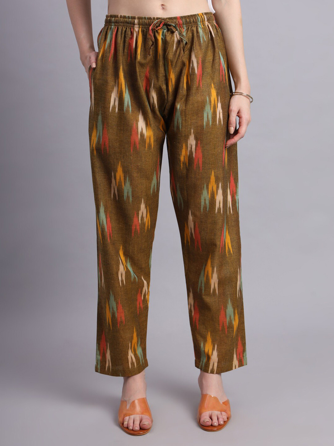 

KALINI Abstract Printed Knitted Pure Cotton Straight Ethnic Palazzo, Olive
