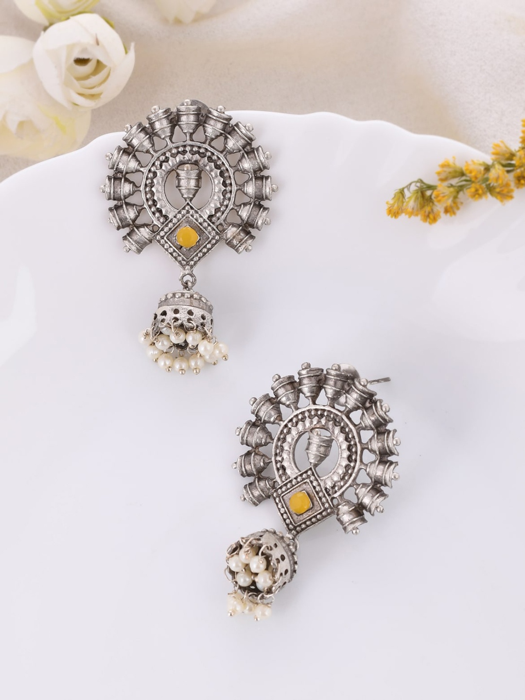 

DASTOOR Silver-Plated Contemporary Oxidised Jhumkas