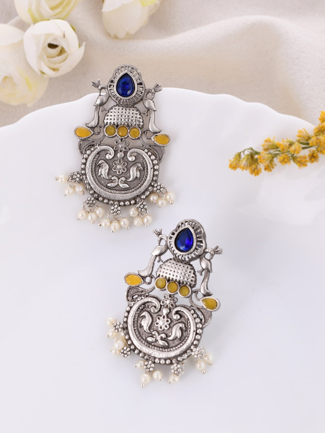 

DASTOOR Silver-Plated Beaded Contemporary Oxidised Drop Earrings