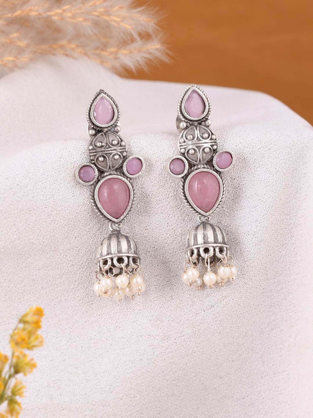 

DASTOOR Silver-Plated Stone Studded Contemporary Oxidised Jhumkas