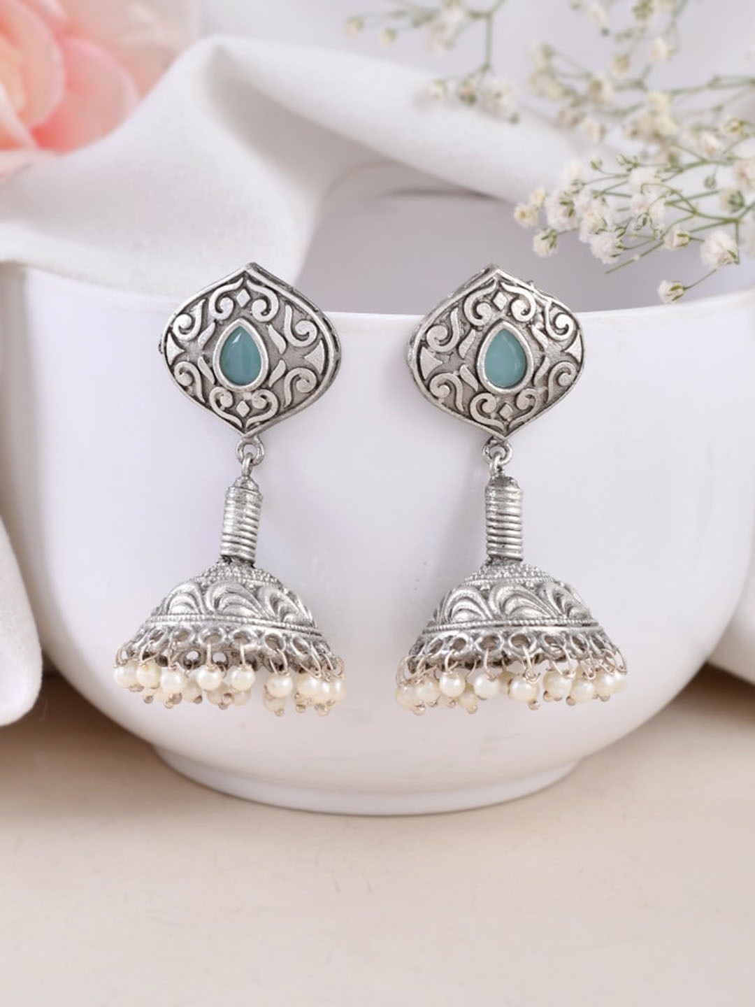 

DASTOOR Silver-Plated Contemporary Oxidised Jhumkas