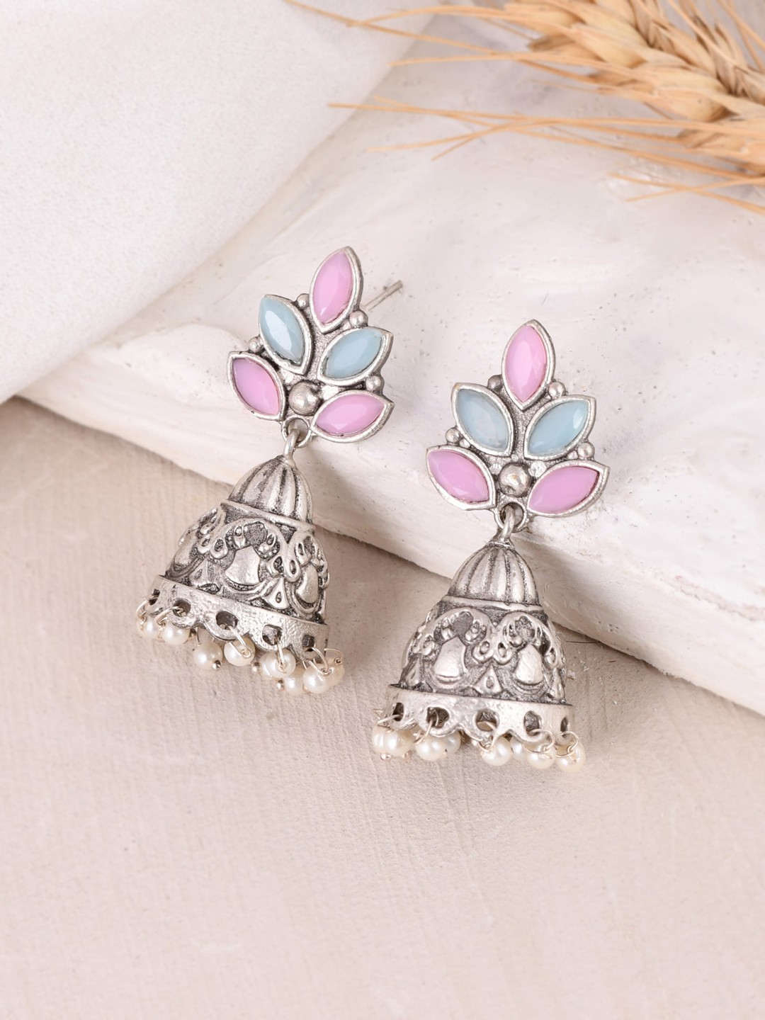 

DASTOOR Silver-Plated Stone Studded Contemporary Oxidised Jhumkas