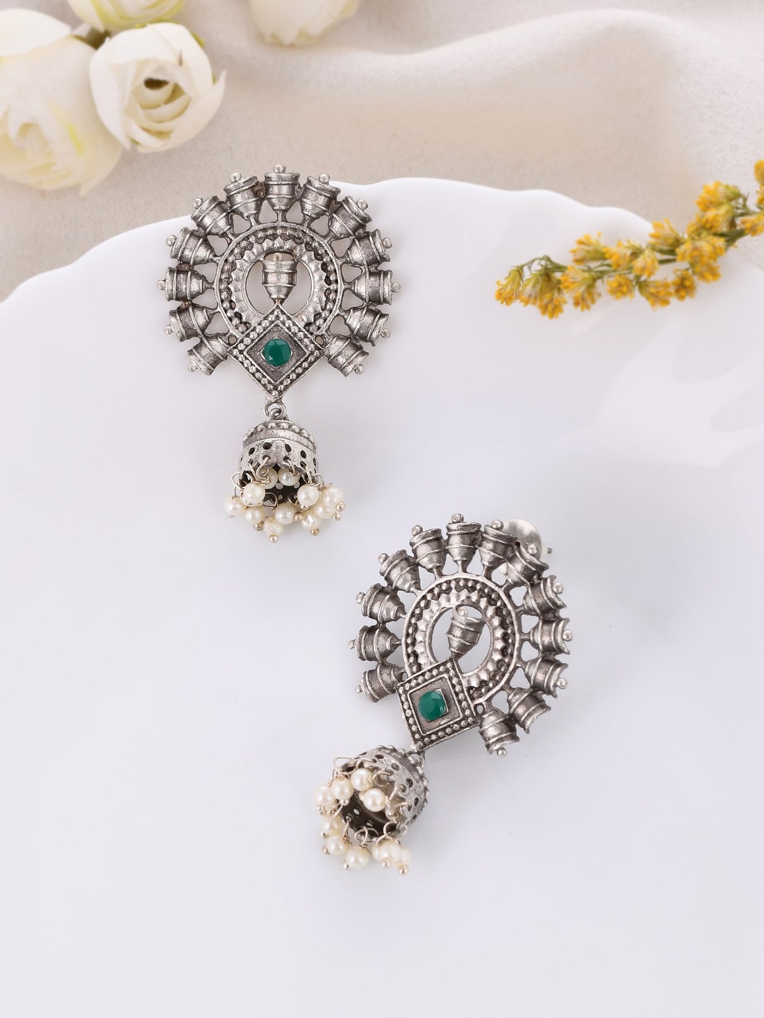 

DASTOOR Silver-Plated Contemporary Oxidised Jhumkas