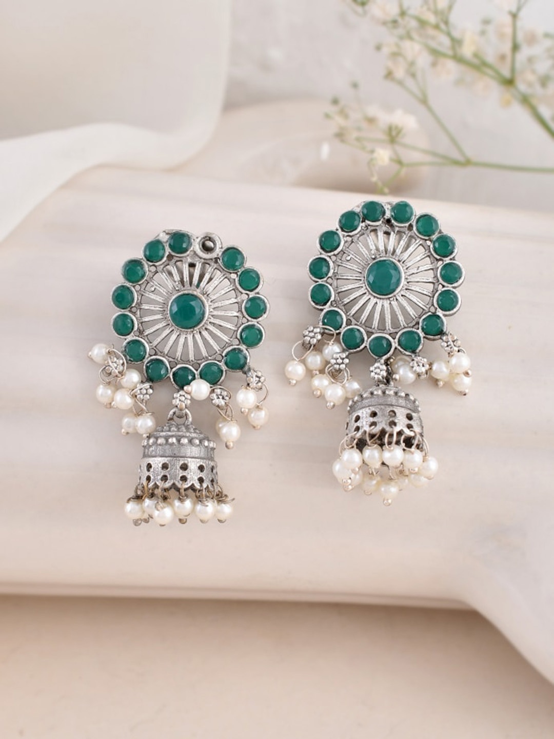 

DASTOOR Silver-Plated Stone Studded Contemporary Oxidised Jhumkas