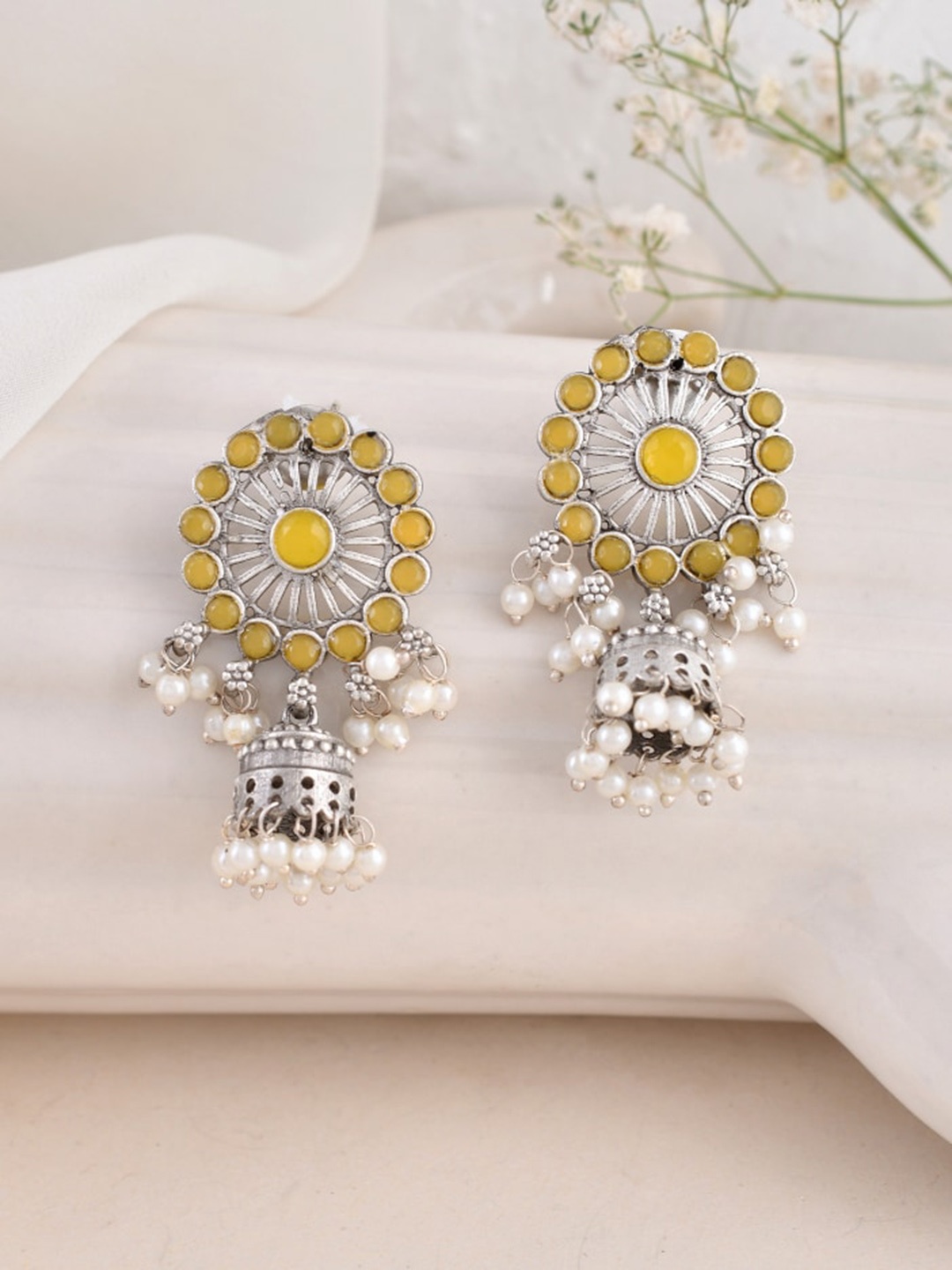 

DASTOOR Silver-Plated Contemporary Jhumkas Earrings