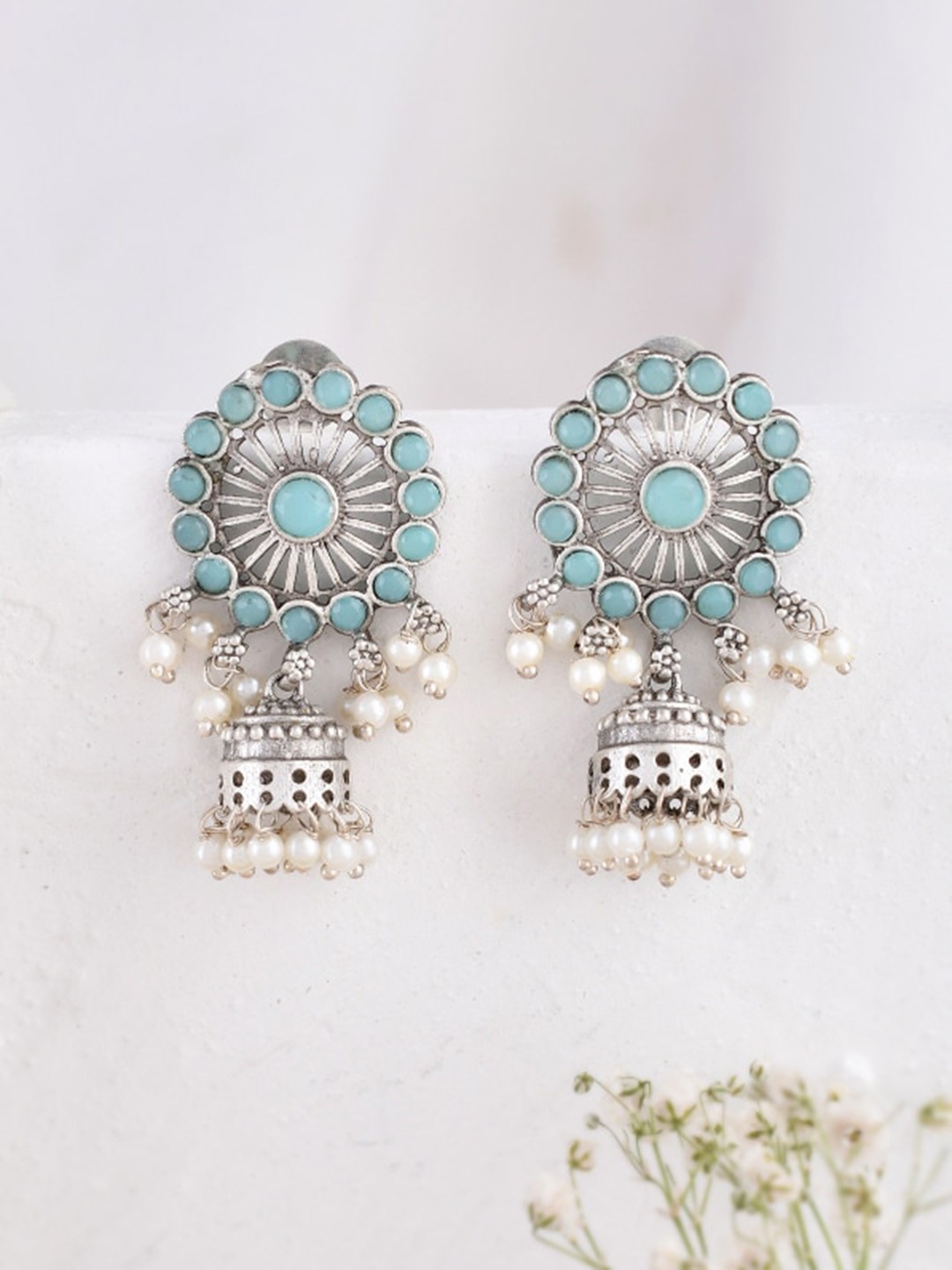 

DASTOOR Silver-Plated Contemporary Jhumkas Earrings