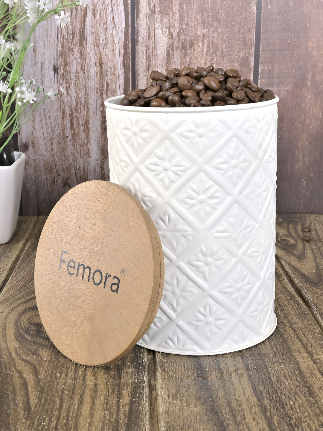 

Femora White Textured Tin Air Tight Storage Container With Lid - 900 ml