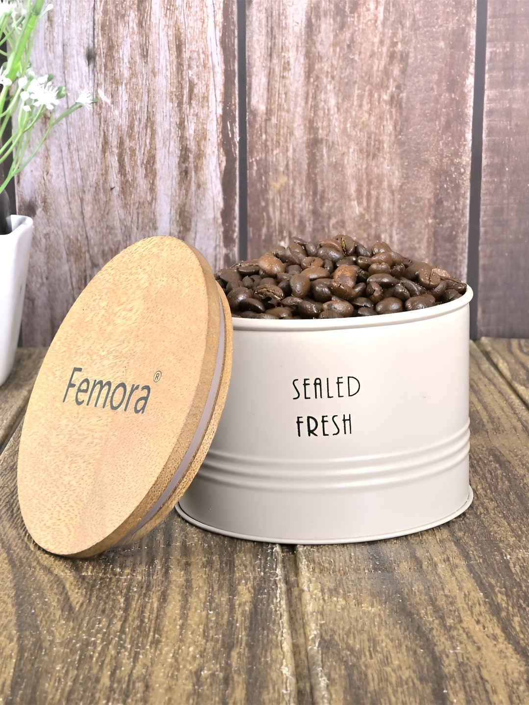 

Femora Cream Printed Tin Air Tight Storage Container With Lid - 300 ml