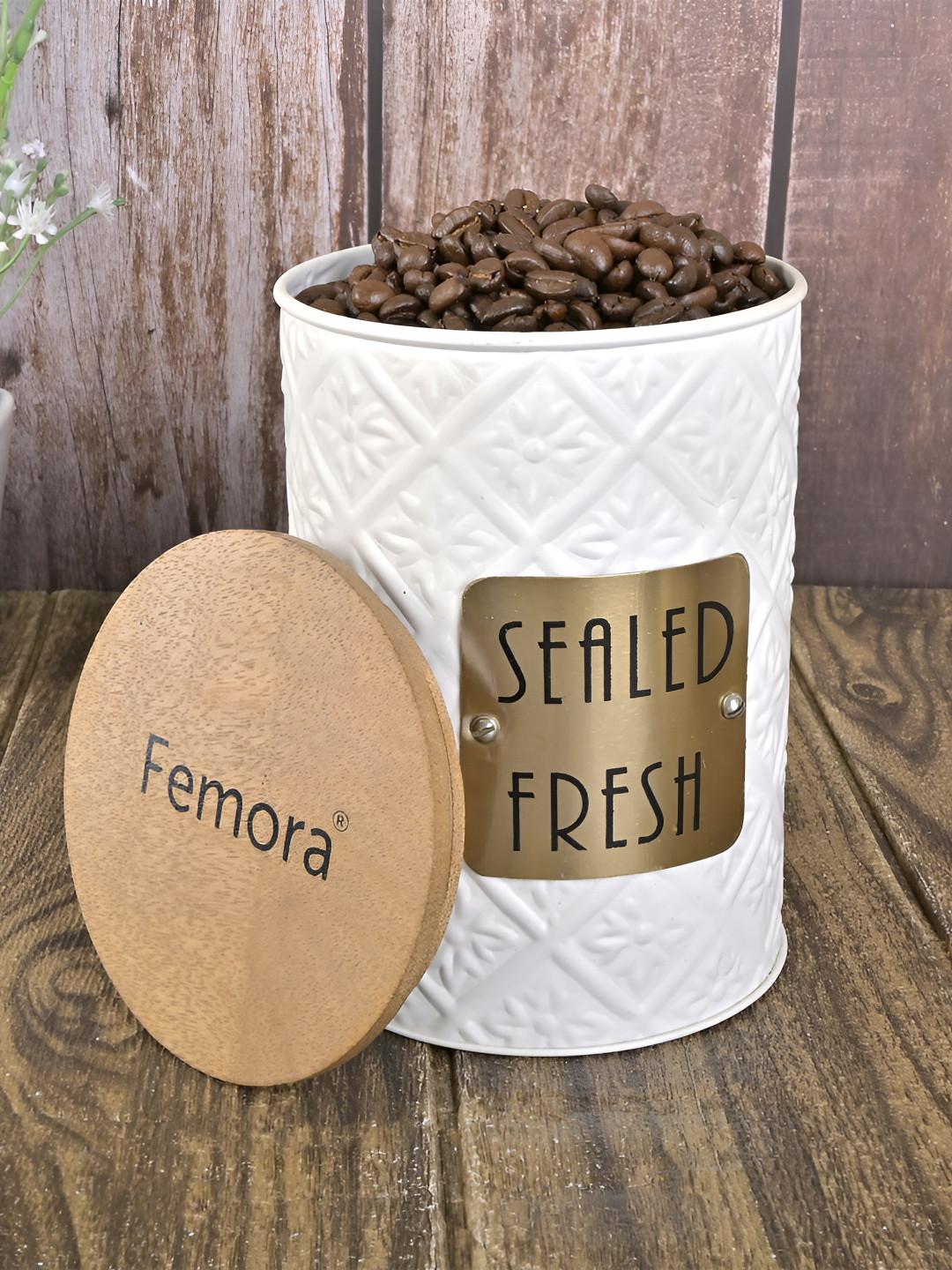 

Femora White Textured Tin Air Tight Storage Container With Lid - 900 ml