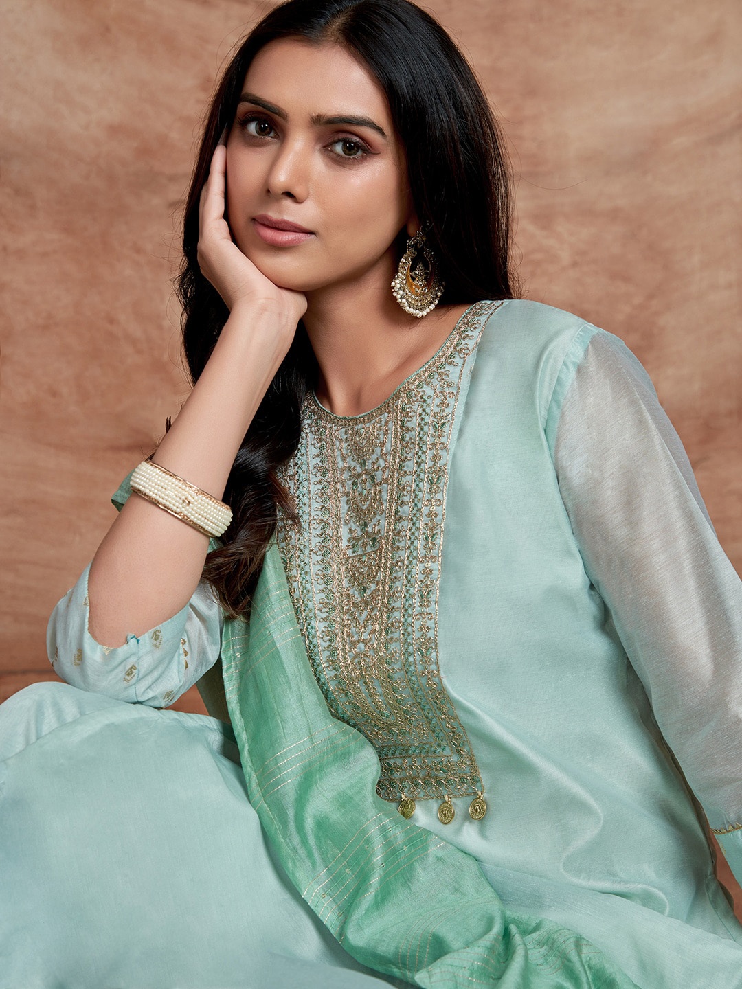 

KALINI Ethnic Motifs Embroidered Sequinned Chanderi Silk Kurta with Palazzos & Dupatta, Green
