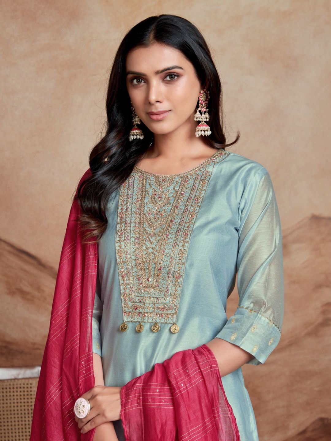 

KALINI Ethnic Motifs Embroidered Round Neck Sequinned Kurta with Palazzos & Dupatta, Grey