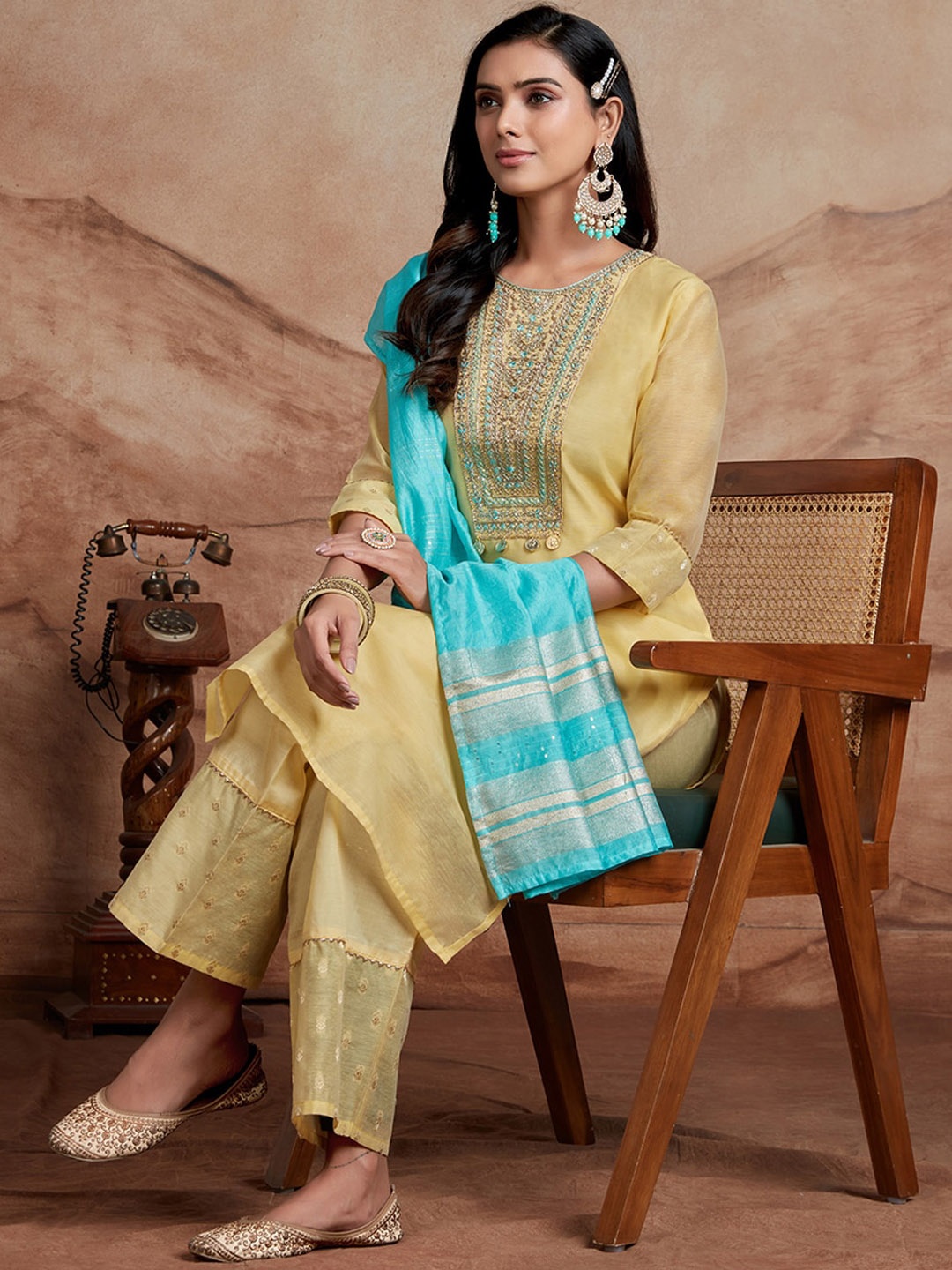 

KALINI Ethnic Motifs Yoke Design Regular Chanderi Silk Kurta with Palazzos & Dupatta, Yellow