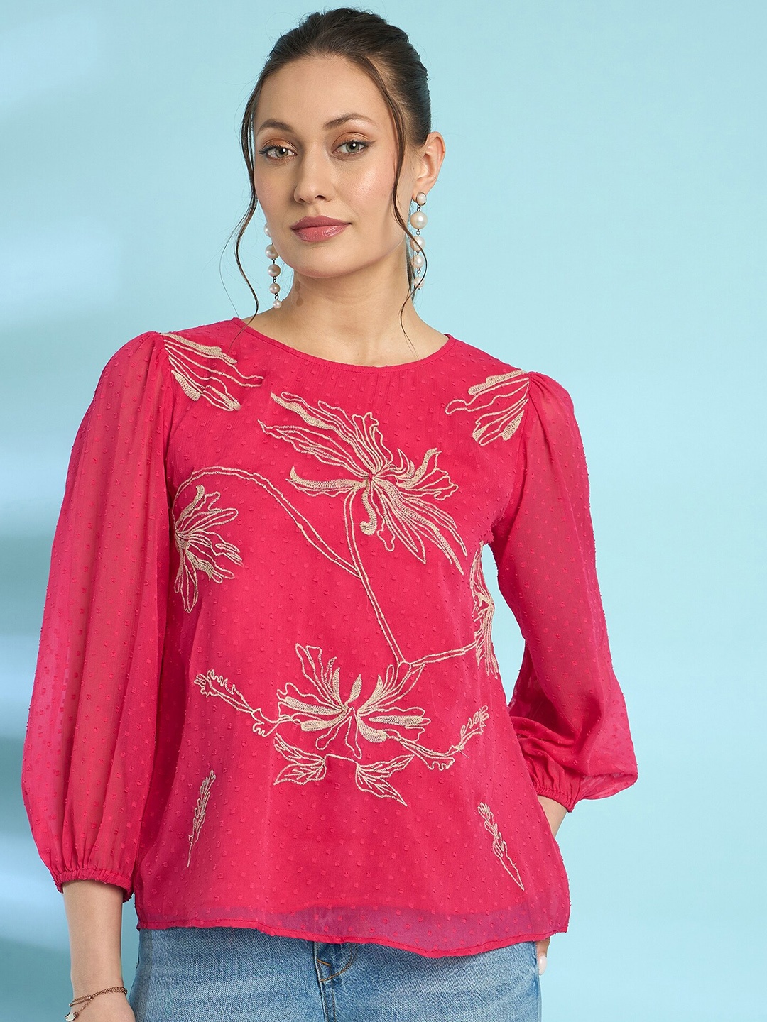 

Antheaa Floral Embroidered Chiffon Top, Pink