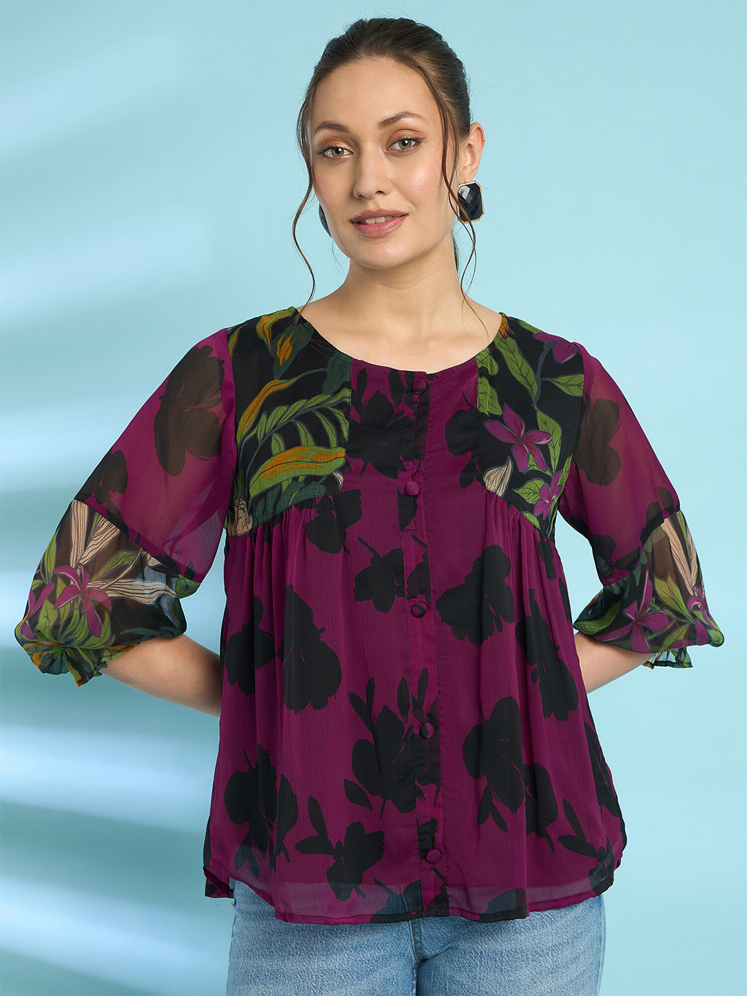

Antheaa Floral Printed Bell Sleeves Chiffon Top, Purple