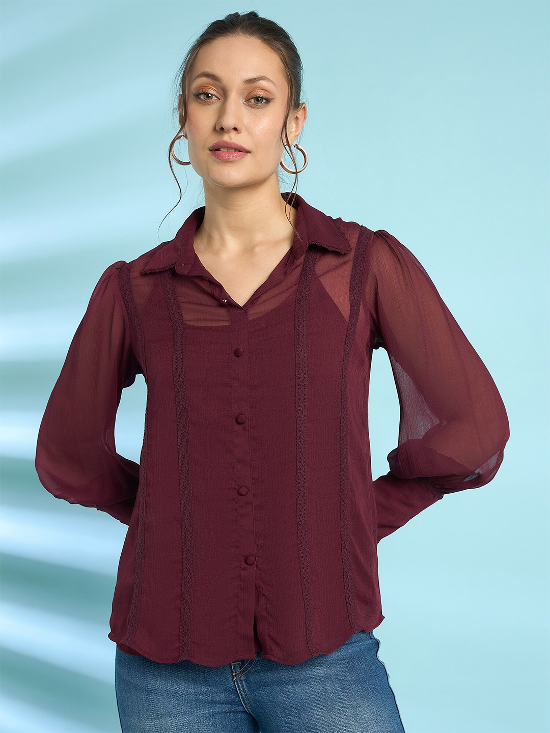 

Antheaa Chiffon Lace Insert Shirt Style Top, Red