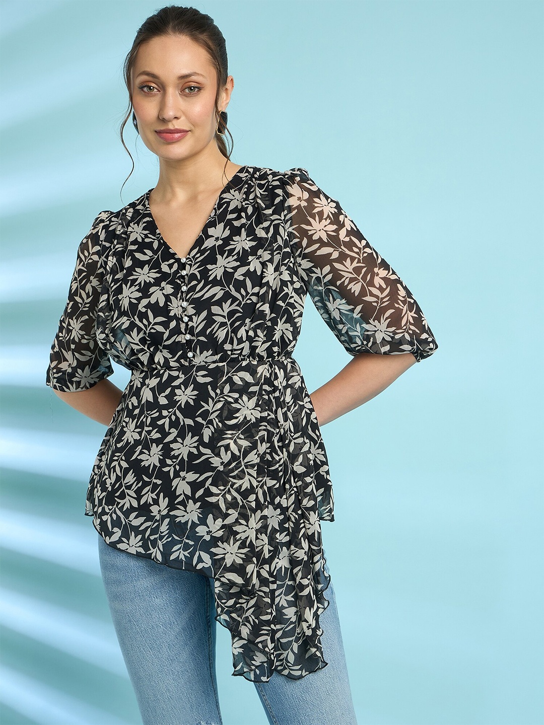 

Antheaa Black V-Neck Floral Print Puff Sleeves Chiffon Wrap Longline Top