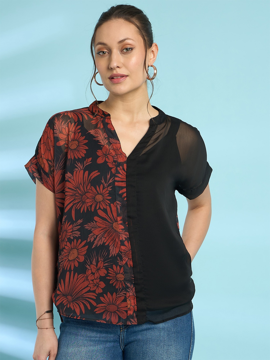 

Antheaa Floral Print Mandarin Collar Chiffon Shirt Style Top, Black