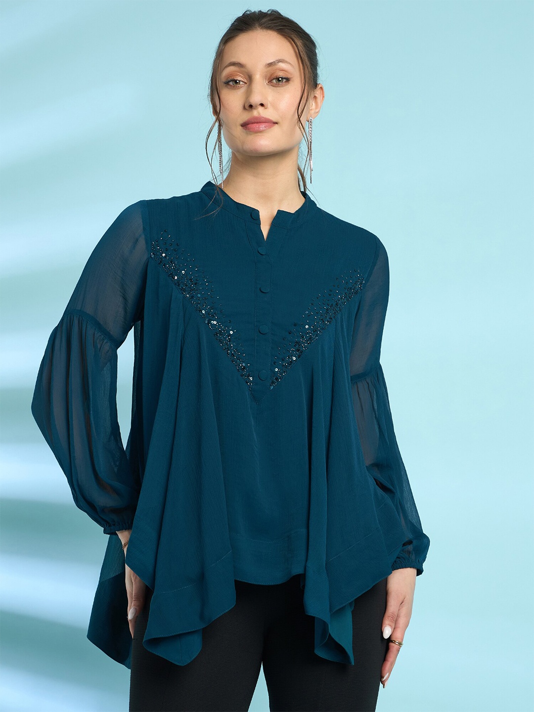 

Antheaa Embellished Mandarin Collar Bell Sleeve Chiffon Top, Teal