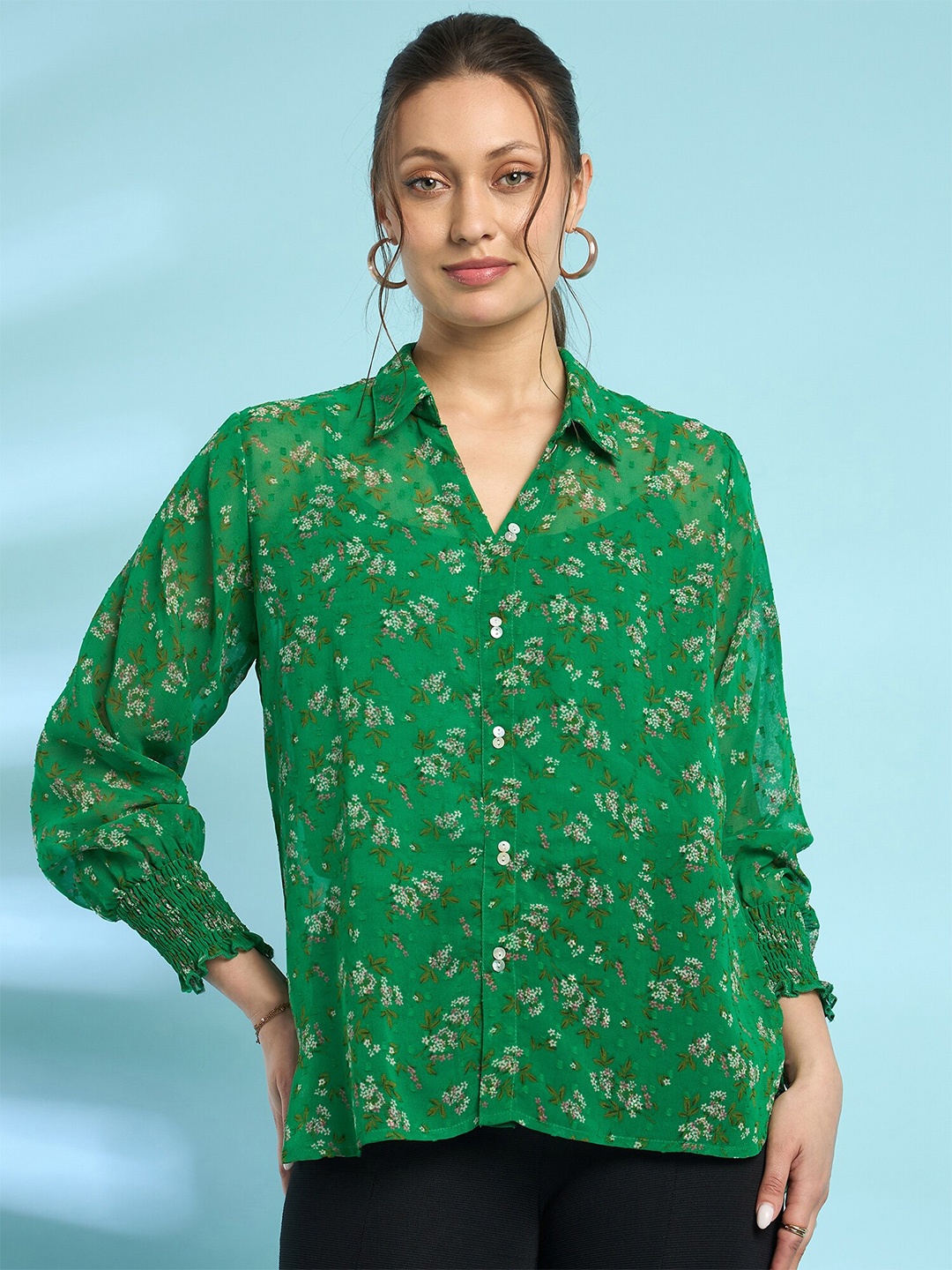 

Antheaa Green Floral Print Georgette Shirt Style Top