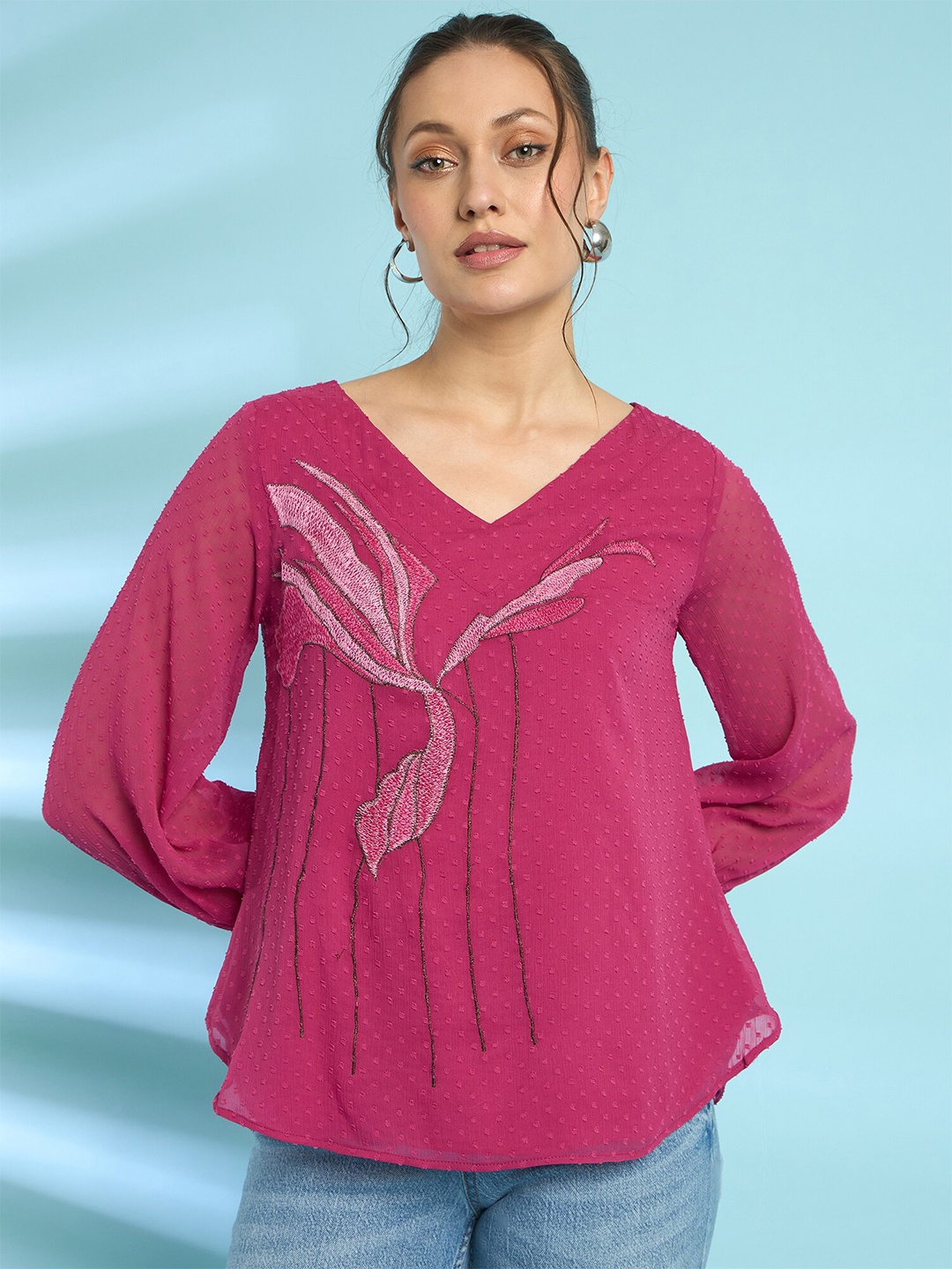 

Antheaa Embroidered Chiffon Top, Pink