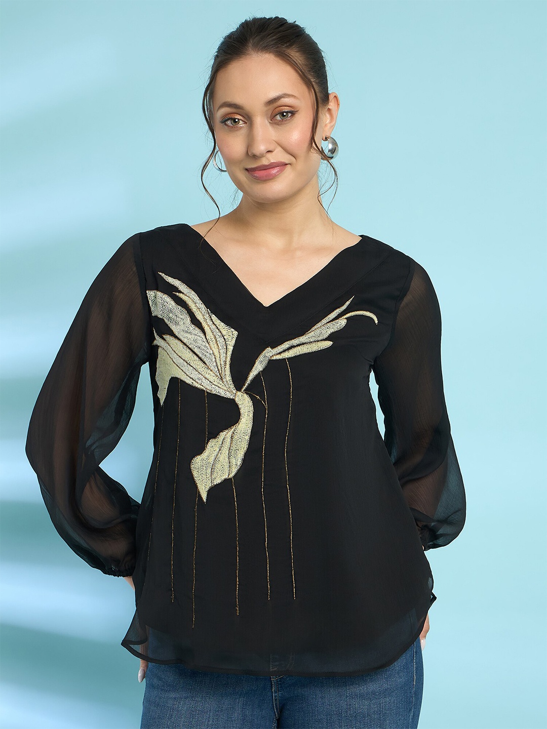 

Antheaa Embroidered Chiffon Top, Black
