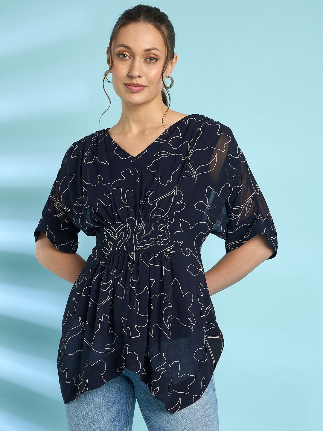 

Antheaa Navy Blue Print Kimono Sleeves Chiffon Cinched Waist Longline Top