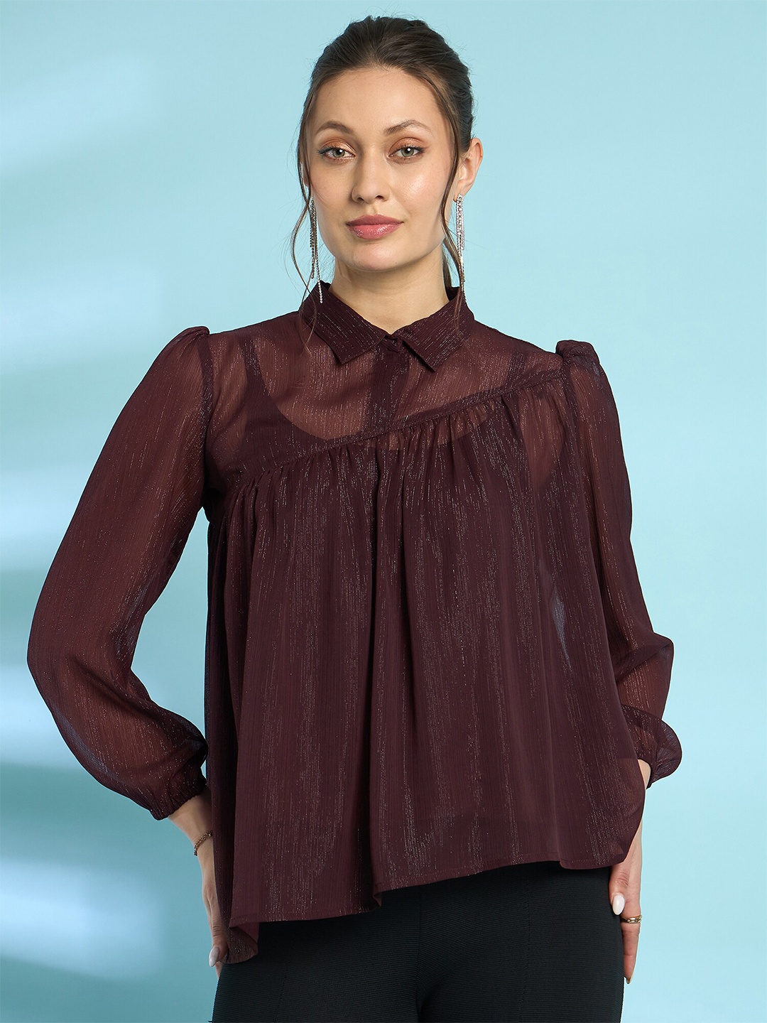 

Antheaa Lurex Chiffon Shirt Style Top, Red
