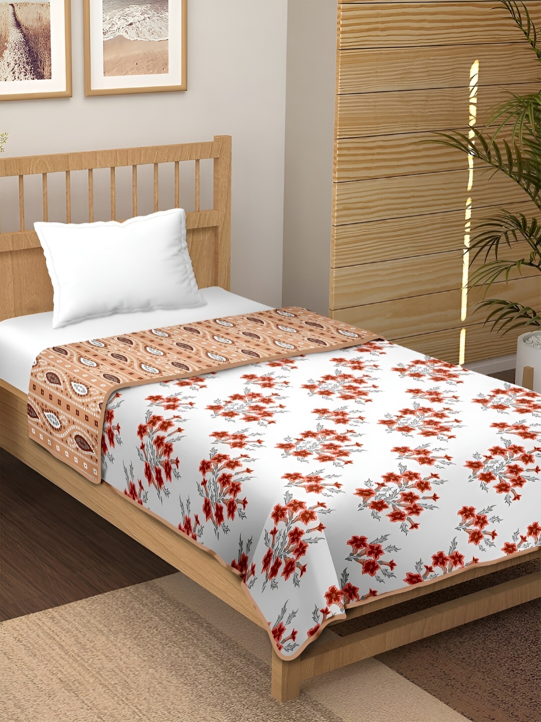 

CHICERY Beige & White Floral AC Room 210 GSM Cotton Single Bed Dohar