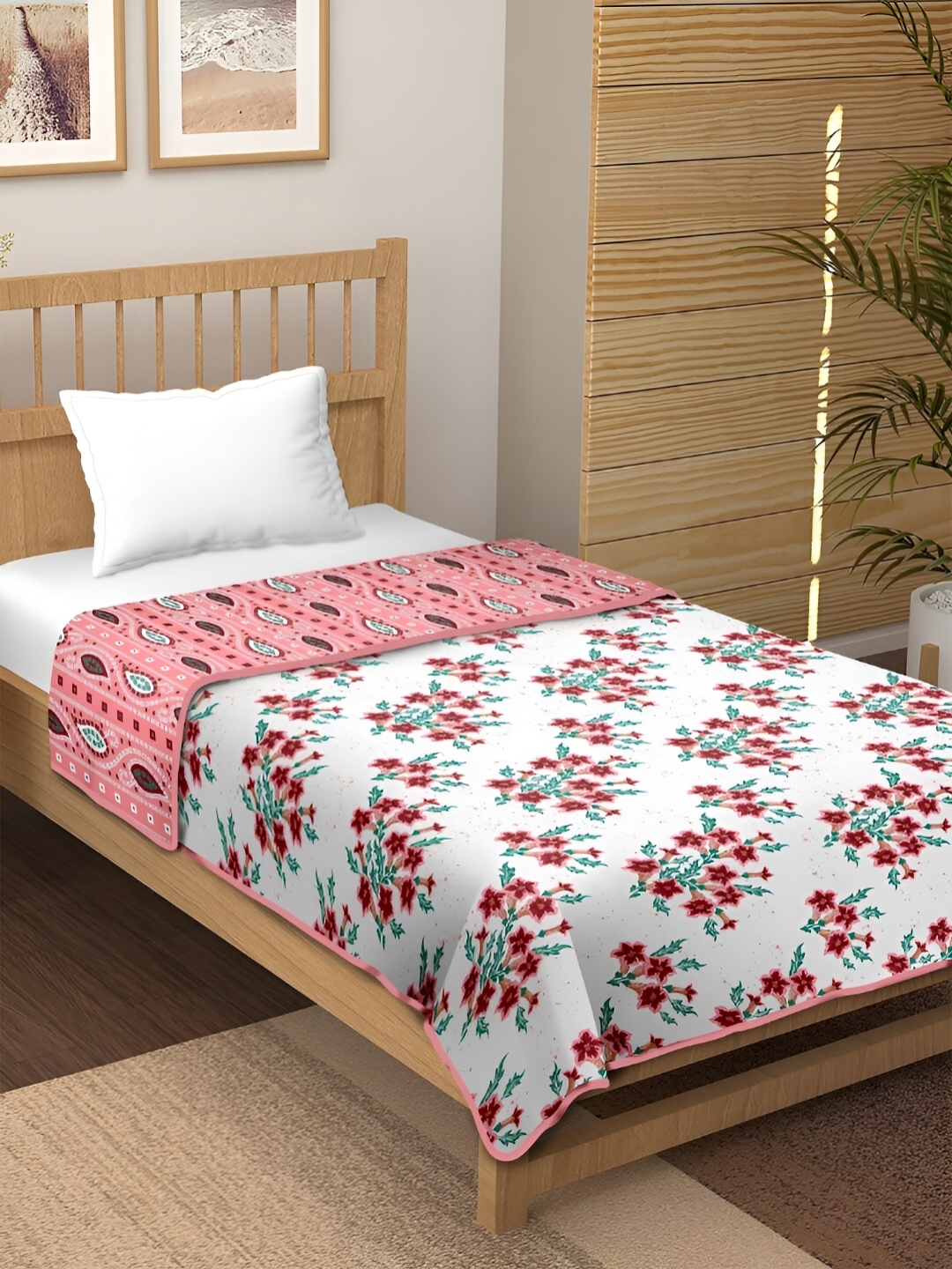 

CHICERY White & Red Floral AC Room 210 GSM Cotton Single Bed Dohar
