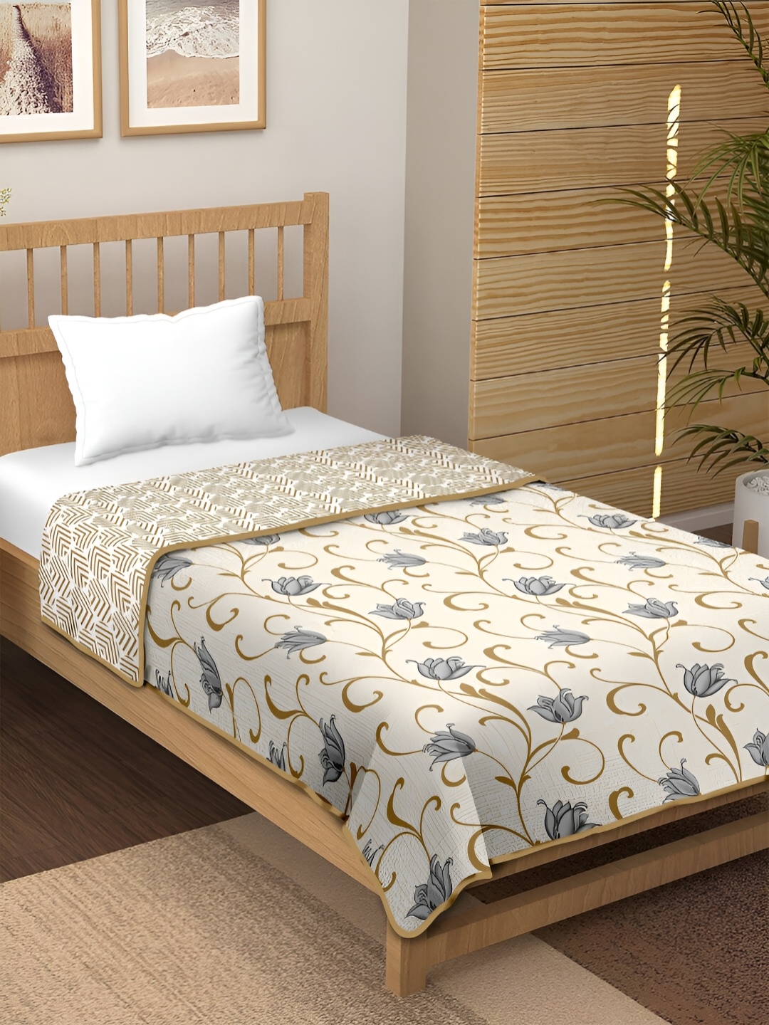 

CHICERY Grey & Purple Floral AC Room 210 GSM Cotton Single Bed Dohar
