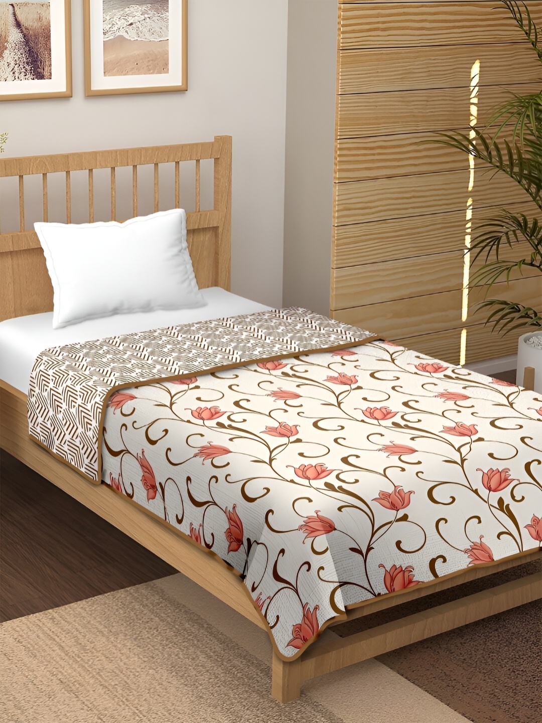 

CHICERY Brown & White Floral AC Room 210 GSM Cotton Single Bed Dohar