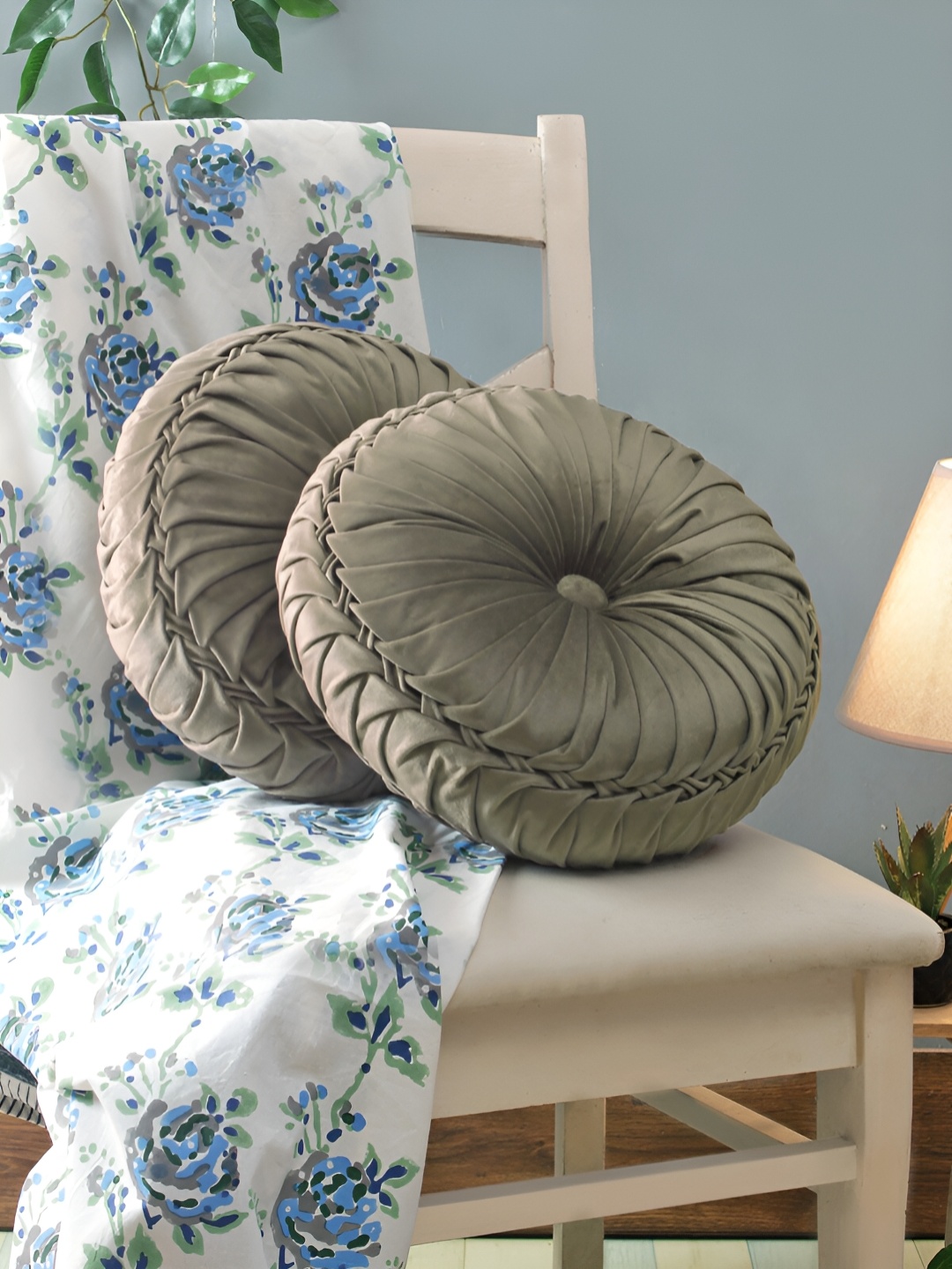 

ROMEE Taupe 2 Pieces Velvet Round Pre-Filled Cushions