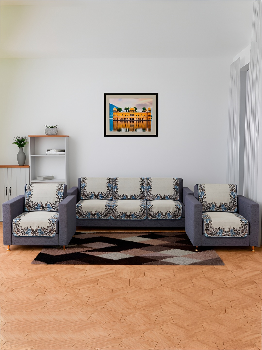 

Kuber Industries Cream & Blue 10 Pieces 5 Seater Sofa Cover