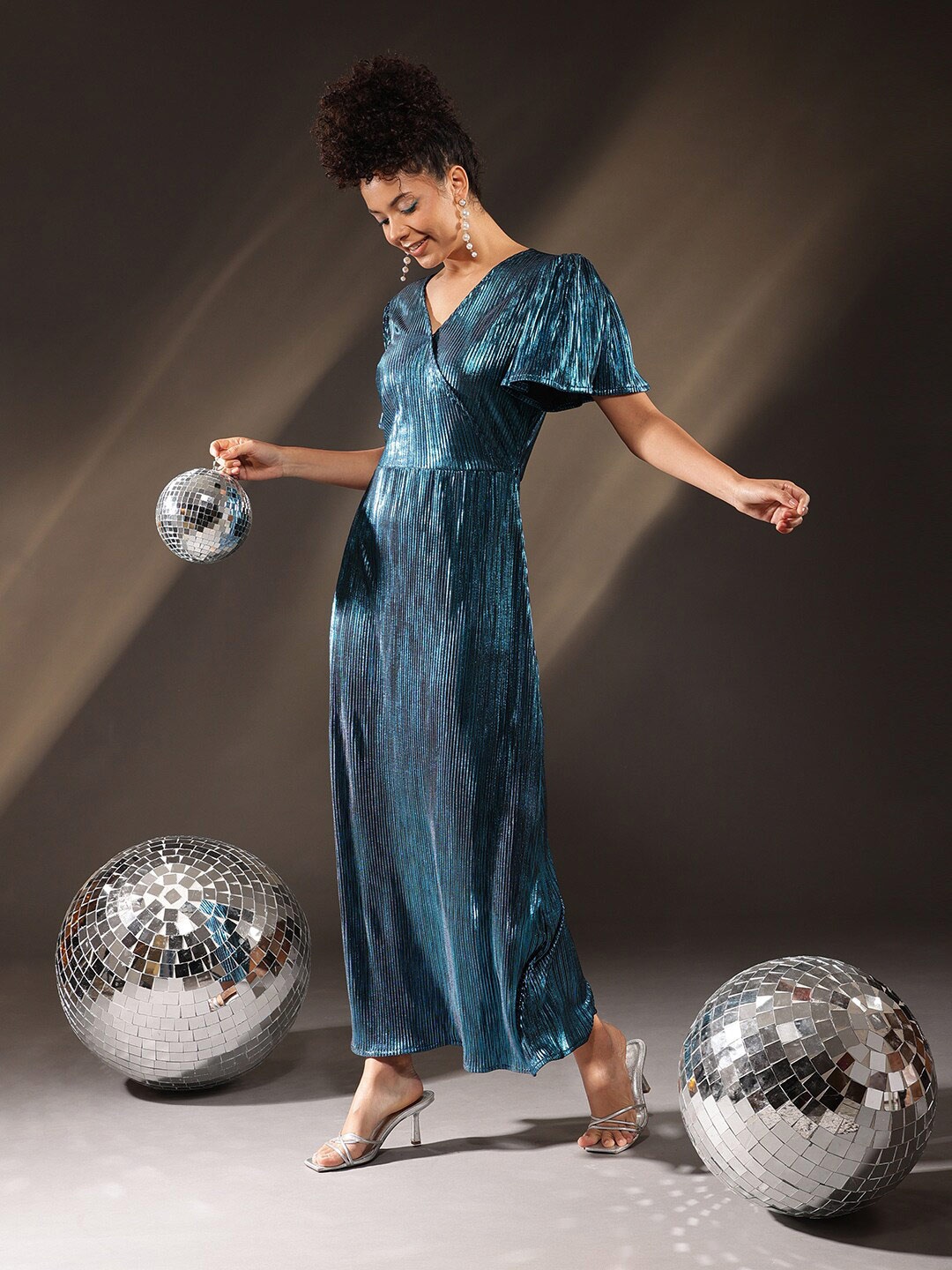 

ATRAENTA Flared V-Neck Puff Sleeve Maxi Dress, Blue