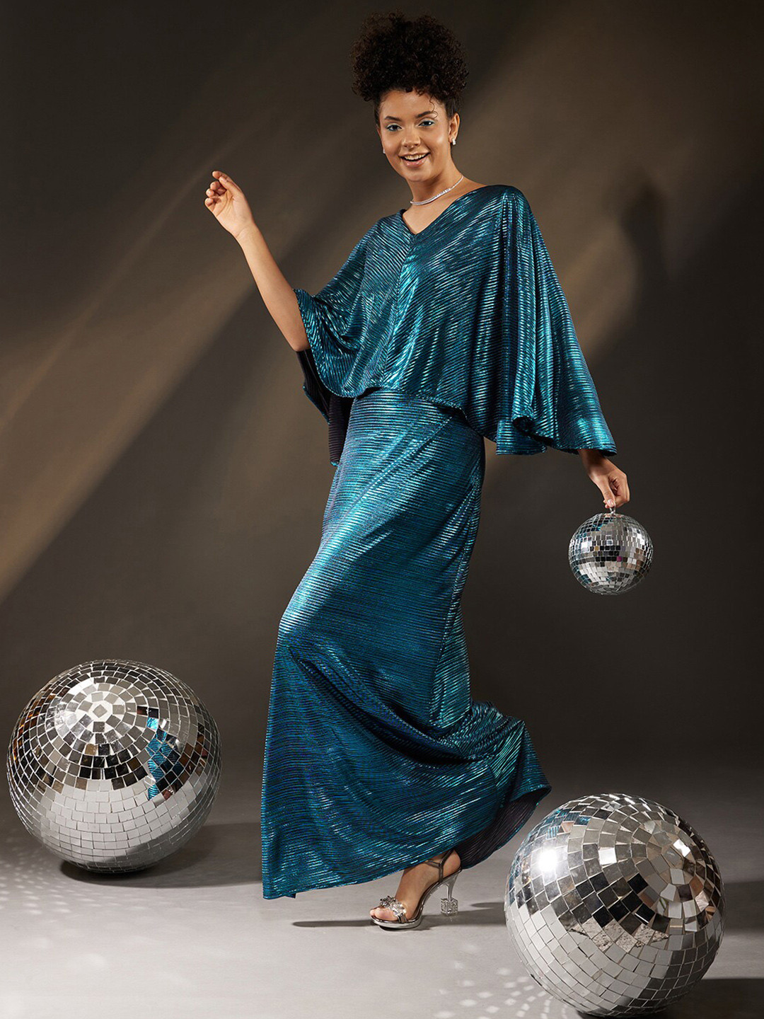 

ATRAENTA V-Neck Three-Quarter Cape Sleeves Satin Maxi Dress, Blue