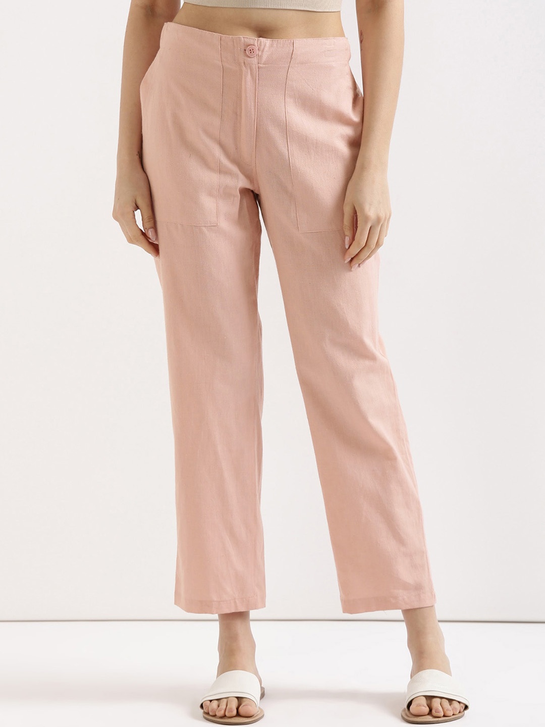 

SAADAA Women Mid-Rise Cotton Linen Comfort Straight Fit Trousers, Rose