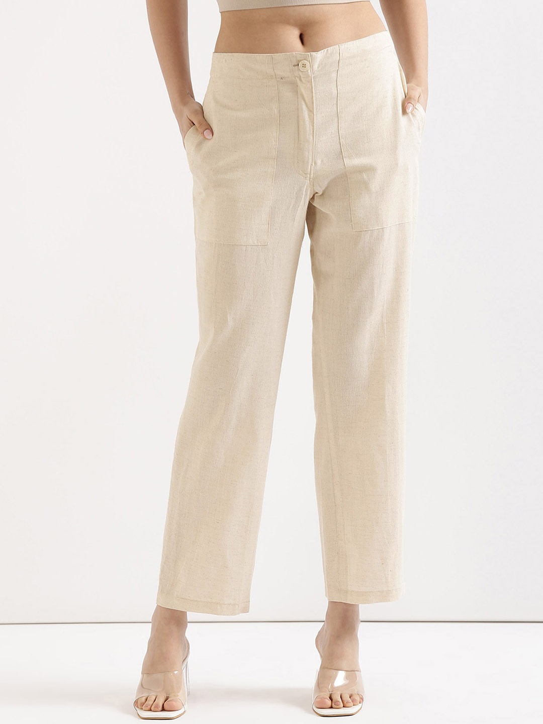 

SAADAA Women Mid-Rise Cotton Linen Comfort Straight Fit Trousers, Off white