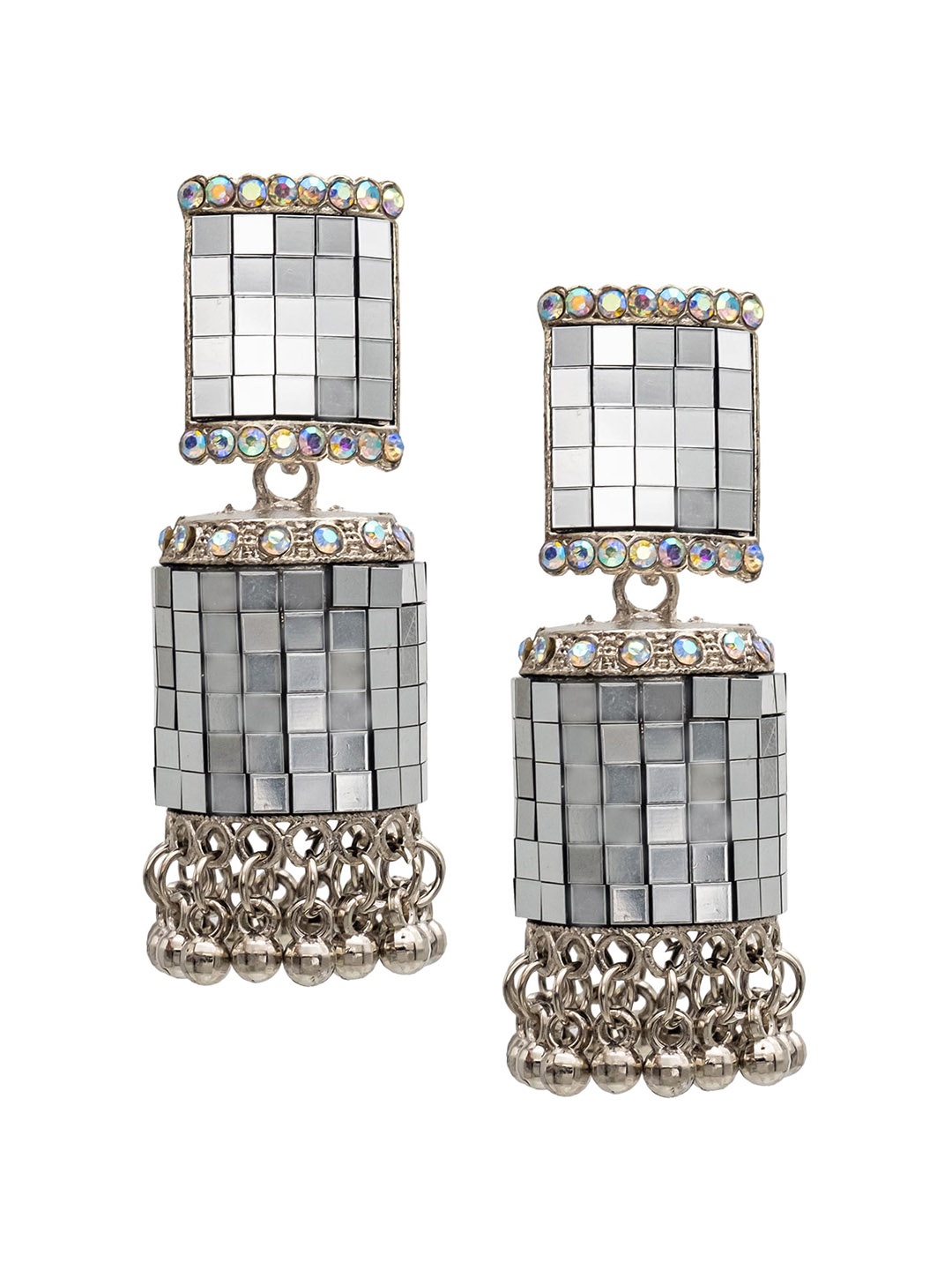 

Shining Jewel - By Shivansh Silver-Plated CZ Studded Contemporary Jhumkas