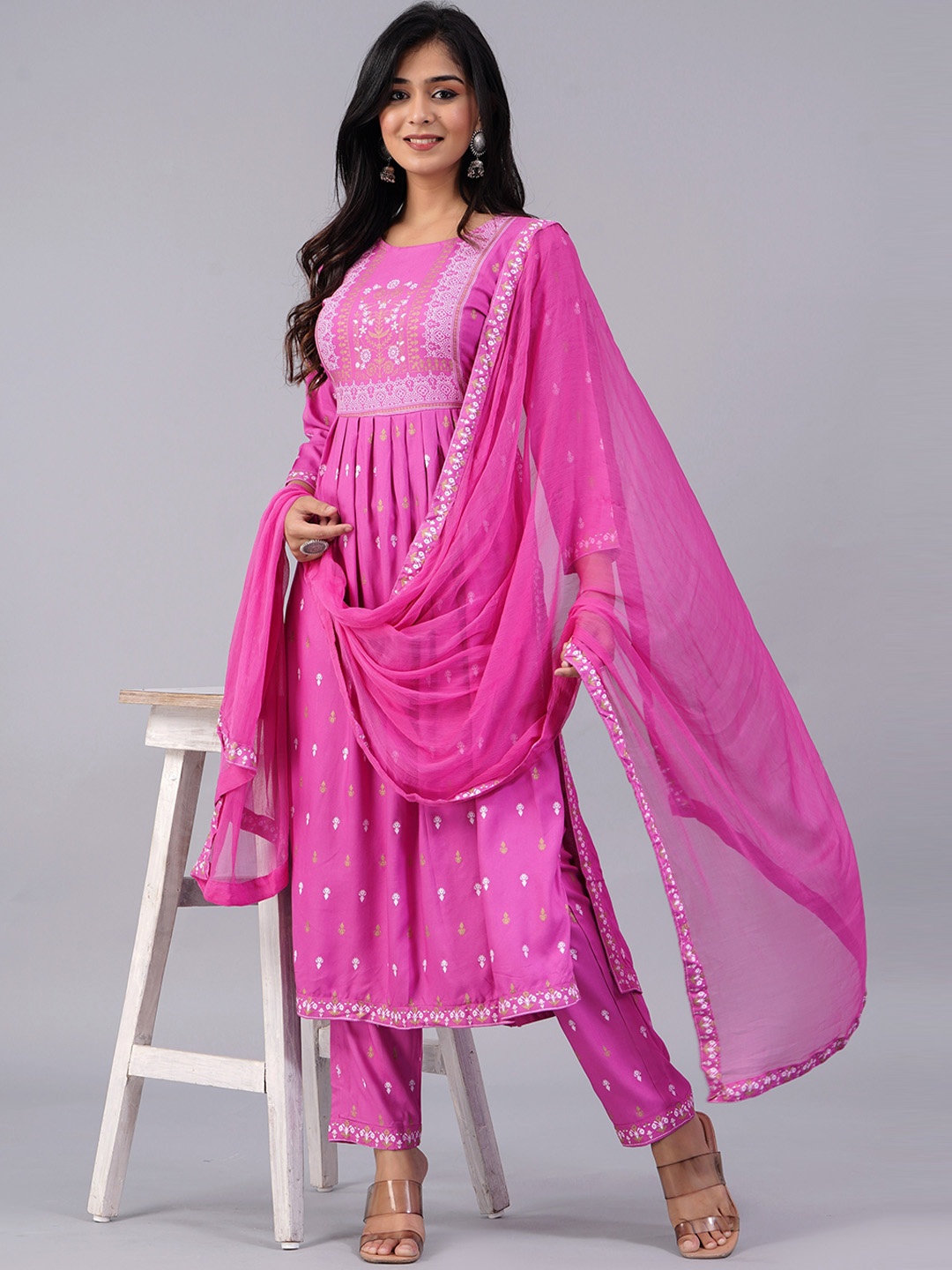 

ASHRU Printed Regular Mirror Work Kurta With Trousers & Dupatta, Rose