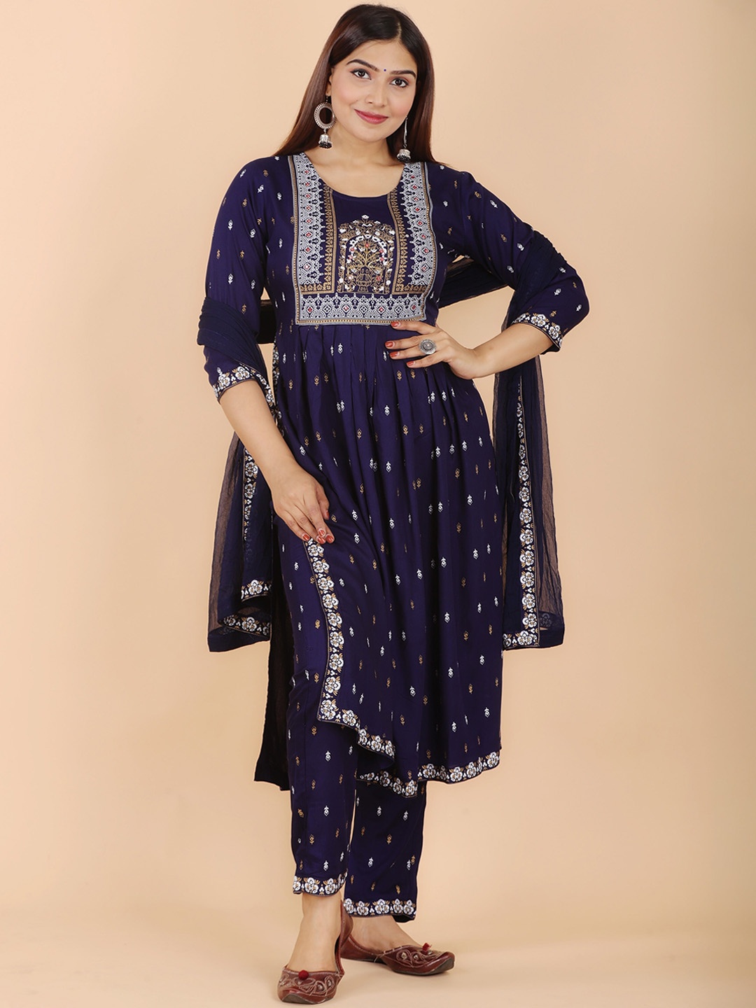 

ASHRU Ethnic Motifs Printed Regular Mirror Work Kurta with Trousers & Dupatta, Navy blue