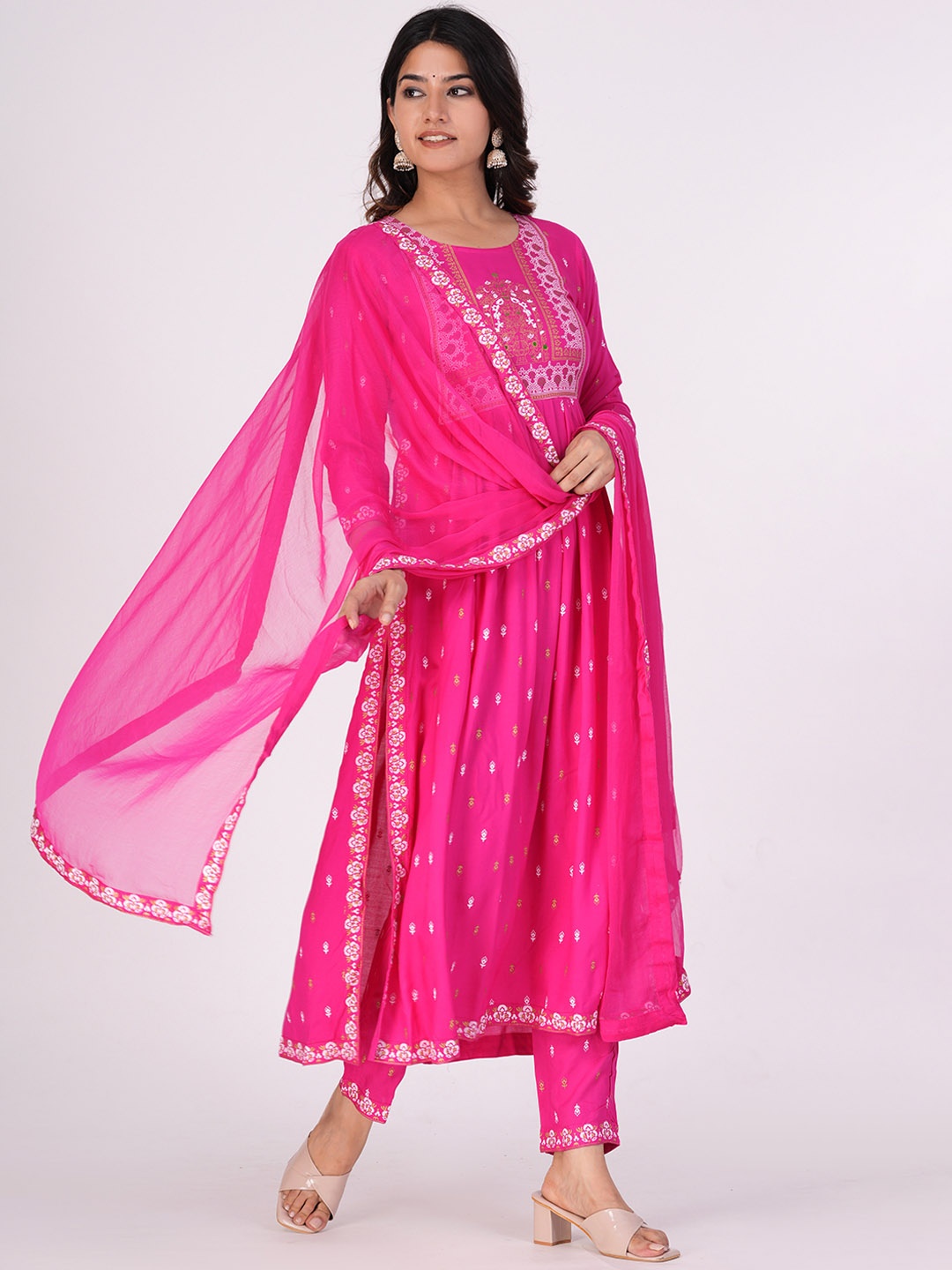 

ASHRU Ethnic Motifs Printed Pleated A-Line Kurta & Trouser With Dupatta, Pink