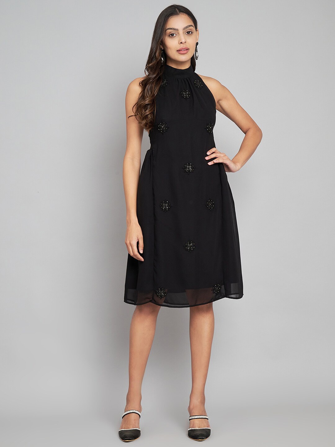 

Amagyaa Embellished Mock Neck Sleeveless Fit & Flare Casual Dress, Black