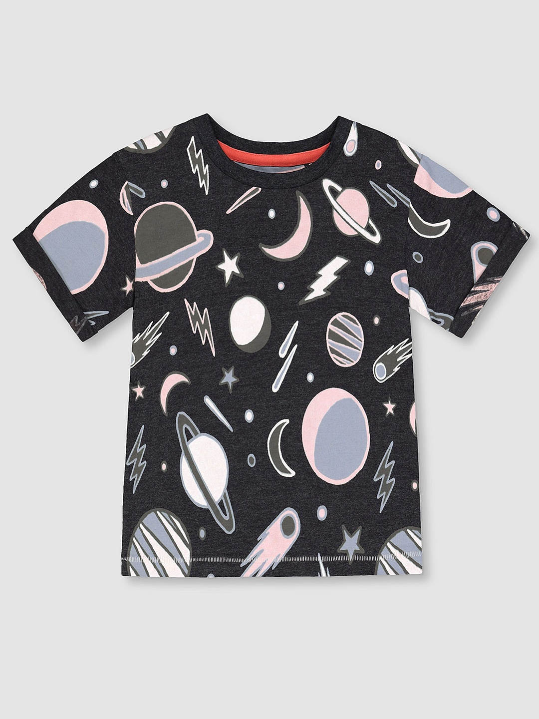 

mothercare Boys Round Neck Short Sleeves Graphic Printed Regular Fit Cotton T-shirt, Black