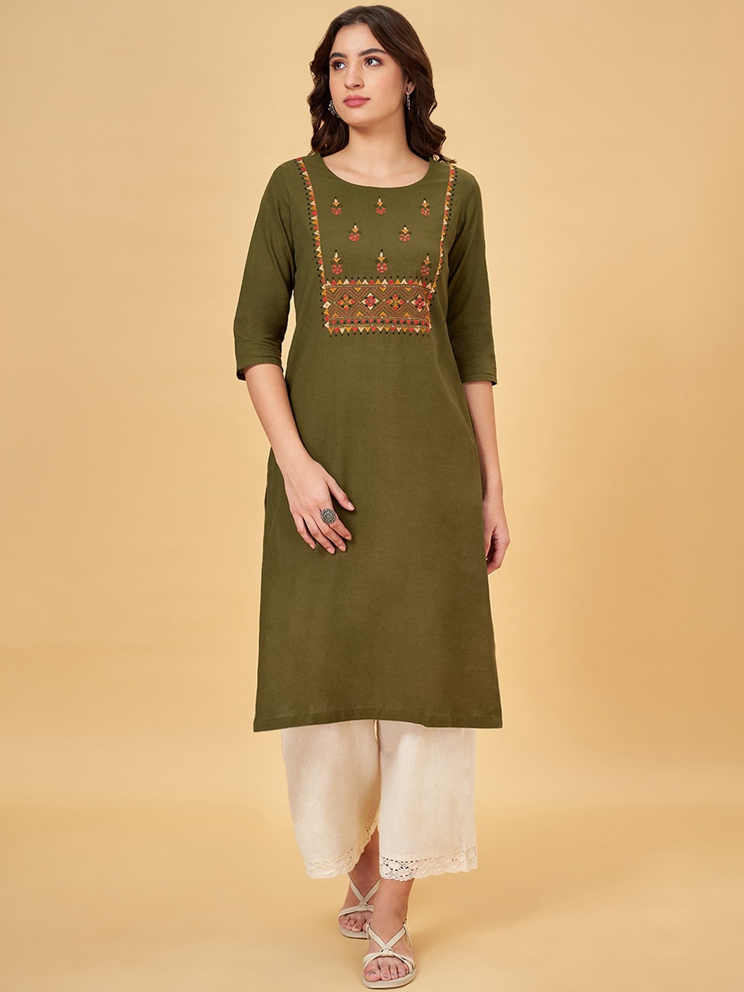 

RANGMANCH BY PANTALOONS Yoke Design Round Neck Three-Quarter Sleeves Cotton Kurta, Olive